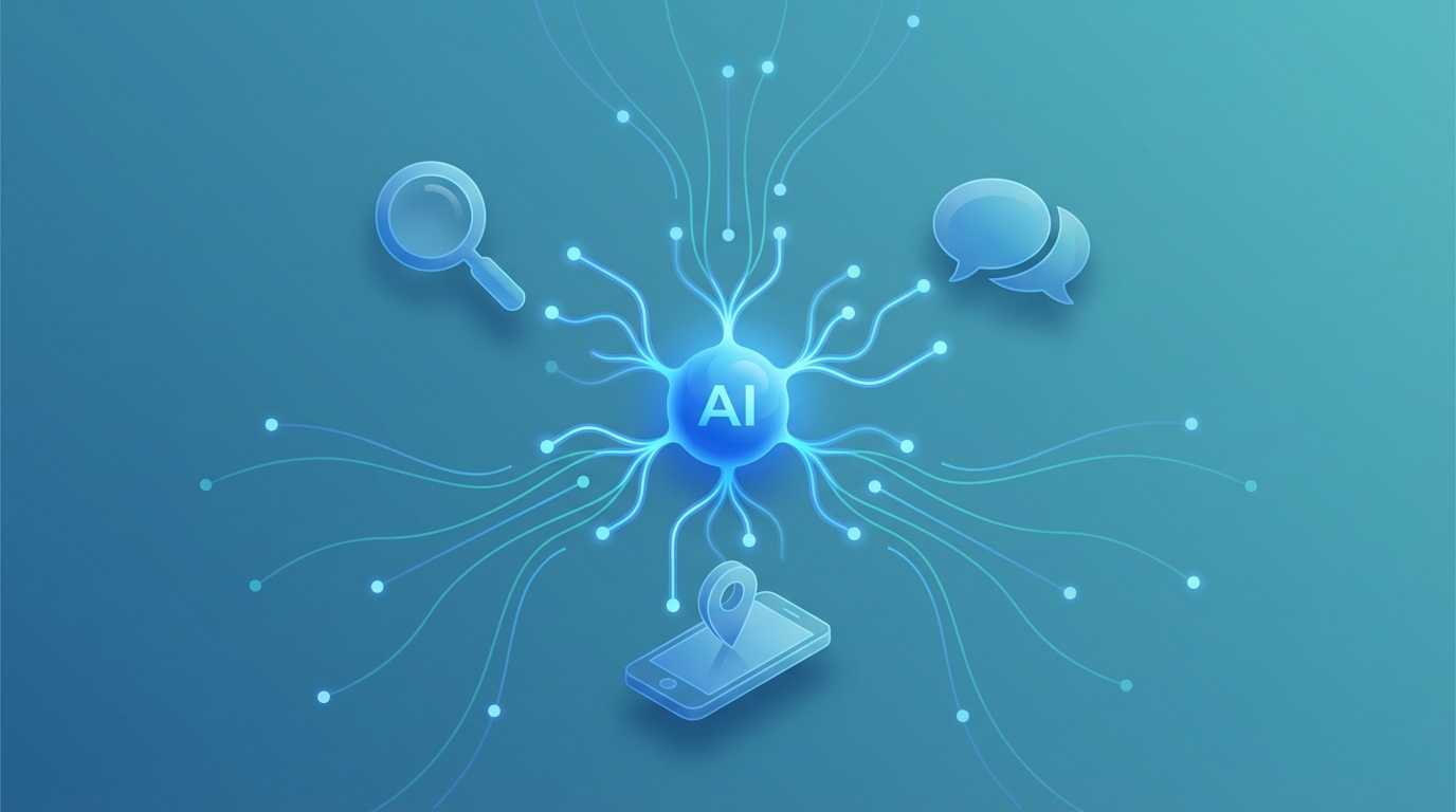 Illustration showing a central AI node with interconnected icons for search ads, chat ads, and local targeting, plus flowing data streams