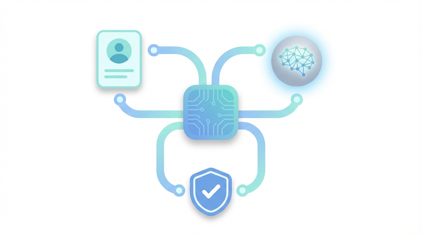A clean vector-style illustration showing a central CRM hub connected by three smooth lines to icons representing leads, an AI node, and a secure shield with a checkmark. The palette uses blues and teals on a white background to convey seamless integration, AI assistance, and compliant security.