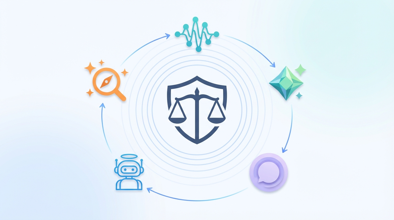 Illustration of five abstract AI ecosystem icons orbiting a central law firm symbol to show brand visibility and AI search reach