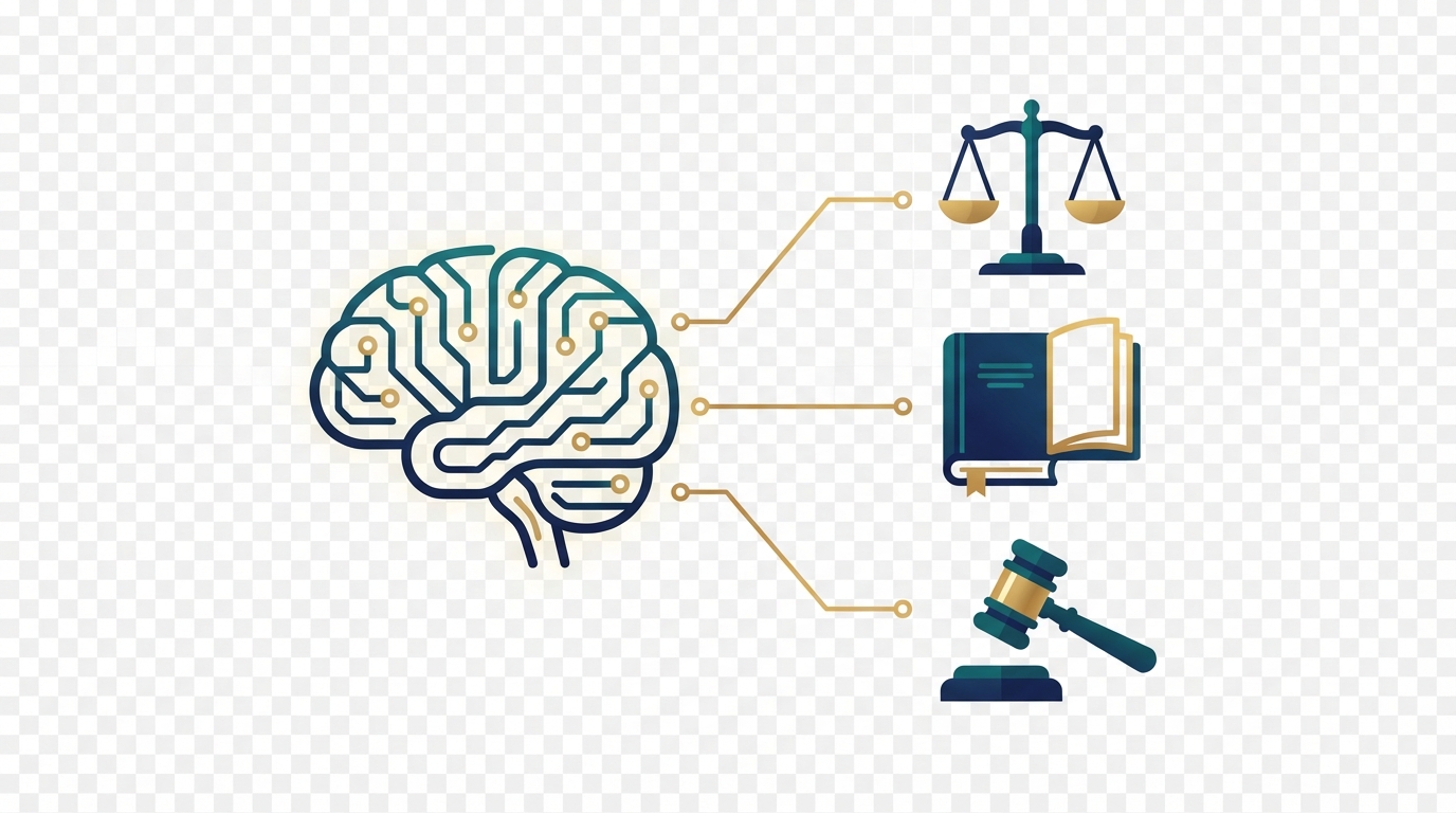 Stylized AI brain made of circuit lines connecting to scales of justice, a law book, and a gavel, symbolizing AI integrated with law firm marketing.