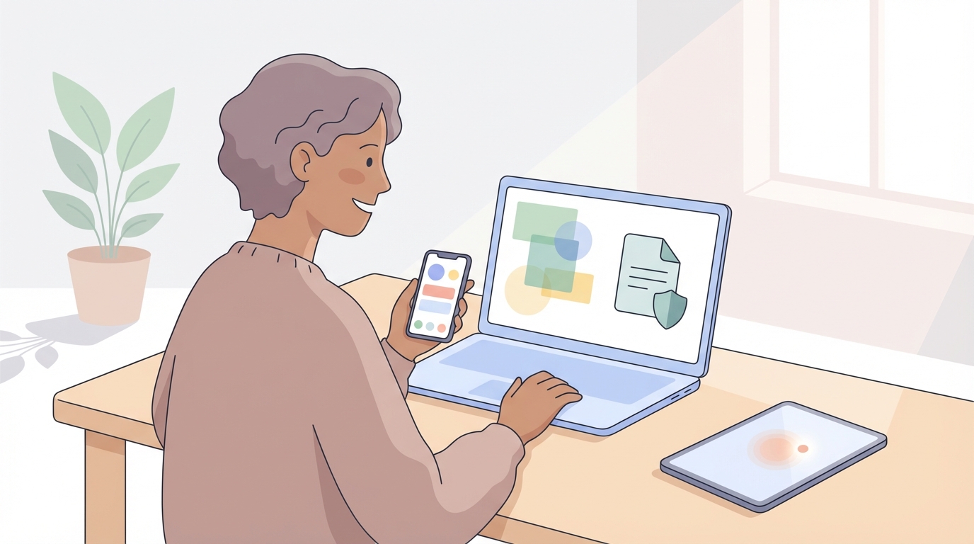Illustration of a person using an AI-powered legal platform on a laptop and smartphone, with a tablet nearby. The design is clean, modern, and text-free to emphasize accessibility and ease of use.