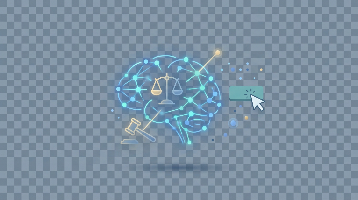 Conceptual illustration showing a digital neural network connecting to law symbols and a cursor to represent AI-driven PPC for law firms.