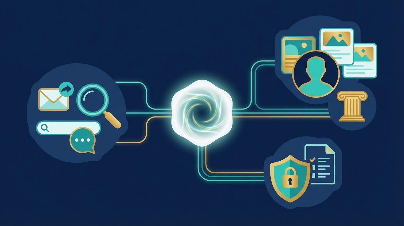 Illustration showing an abstract glowing AI core connected by lines to clusters representing marketing platforms, personalization, and trust elements, with a small court column icon indicating legal services.