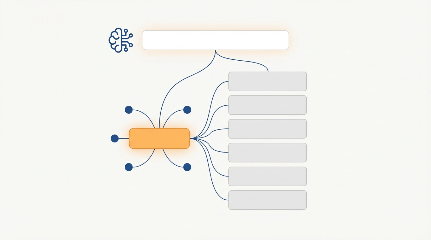 Simple illustration showing a search bar, an abstract AI icon with connected nodes synthesizing sources into a highlighted summary node, and a stacked list of traditional search result cards. Visualizes the relationship between AI Overviews and standard results without text.