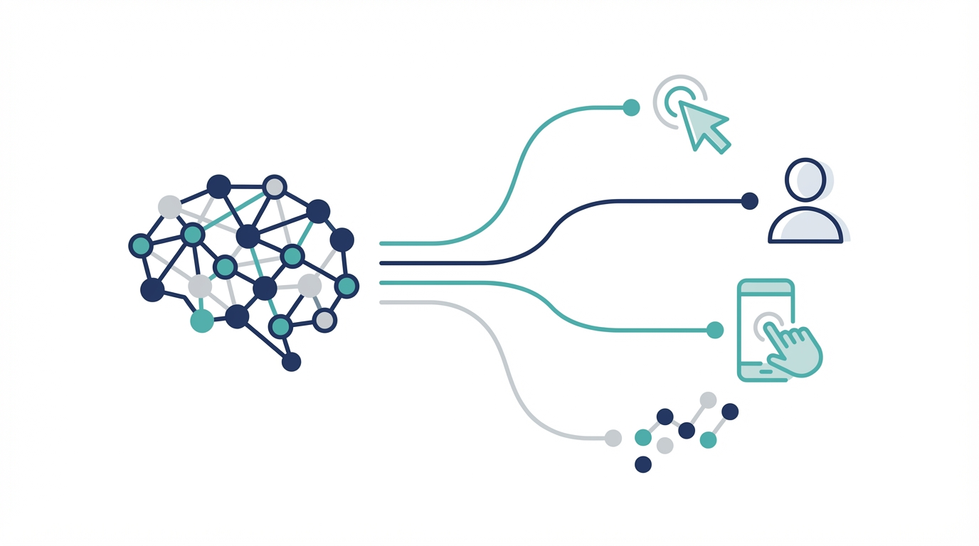 Stylized AI brain icon connected by lines to user interaction icons like a click cursor, profile silhouette, phone tap, and chart dots; flat vector style in navy blue, teal, and light gray.
