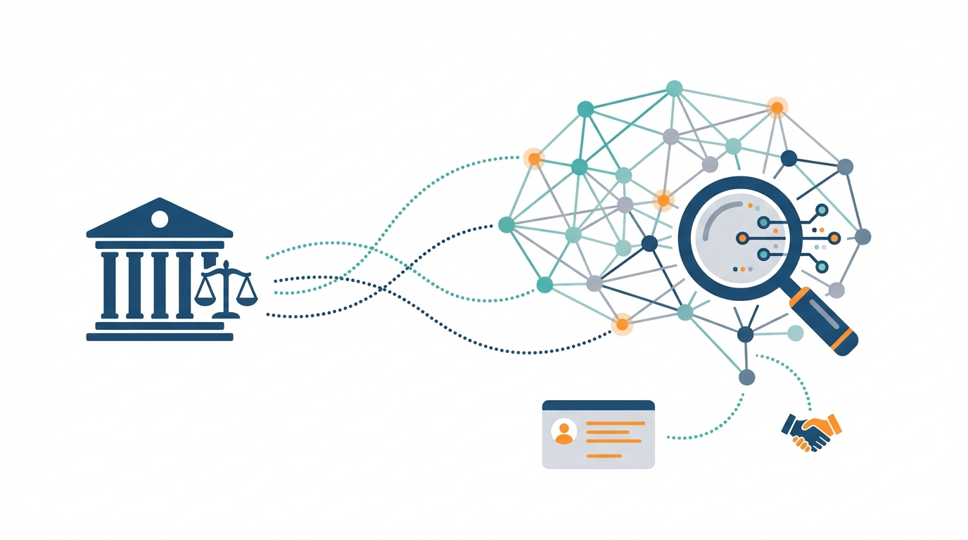 Illustration of a law firm icon connected to an abstract neural network and magnifying glass, showing AI-driven search visibility and lead tracking in legal marketing.