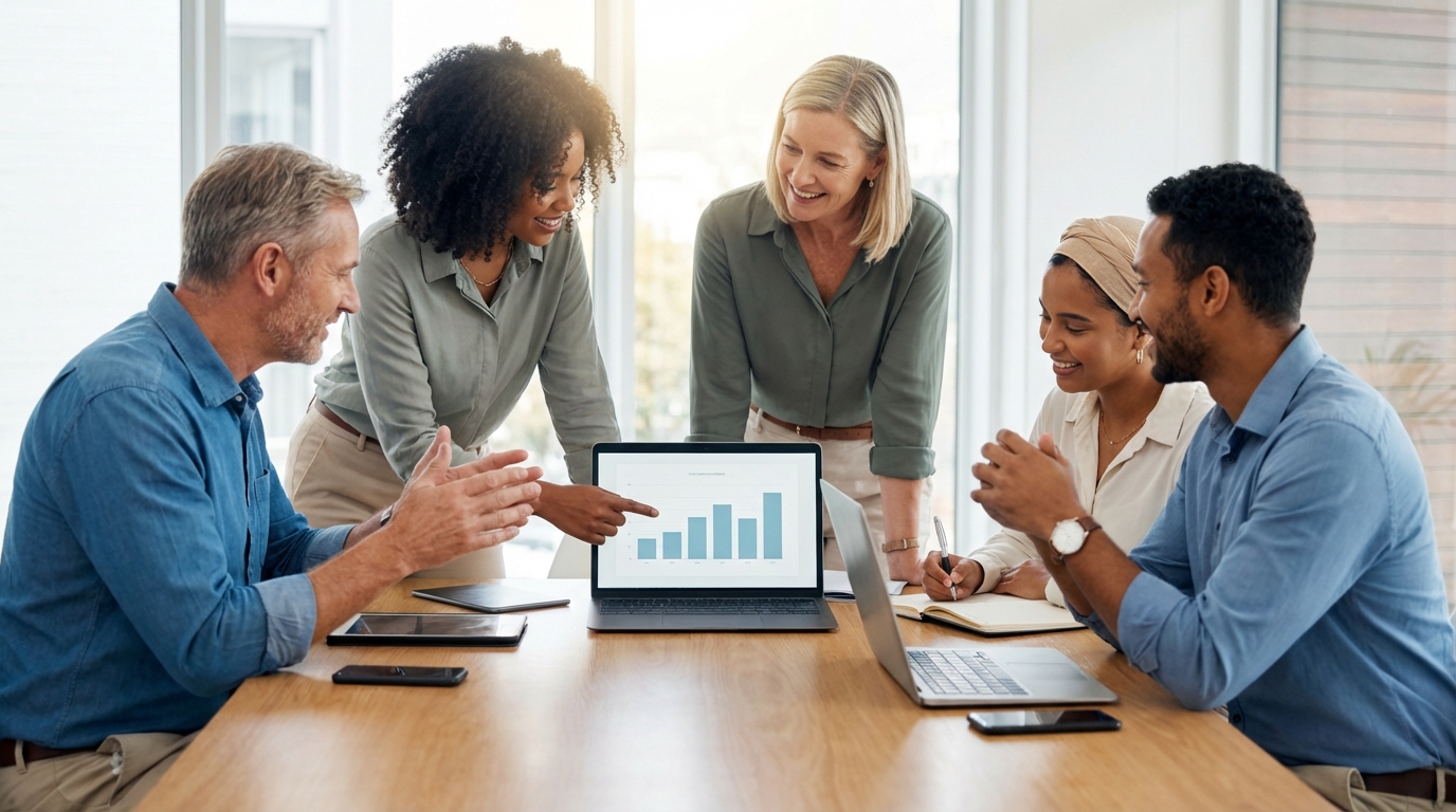 Law firm marketing team collaborating around devices