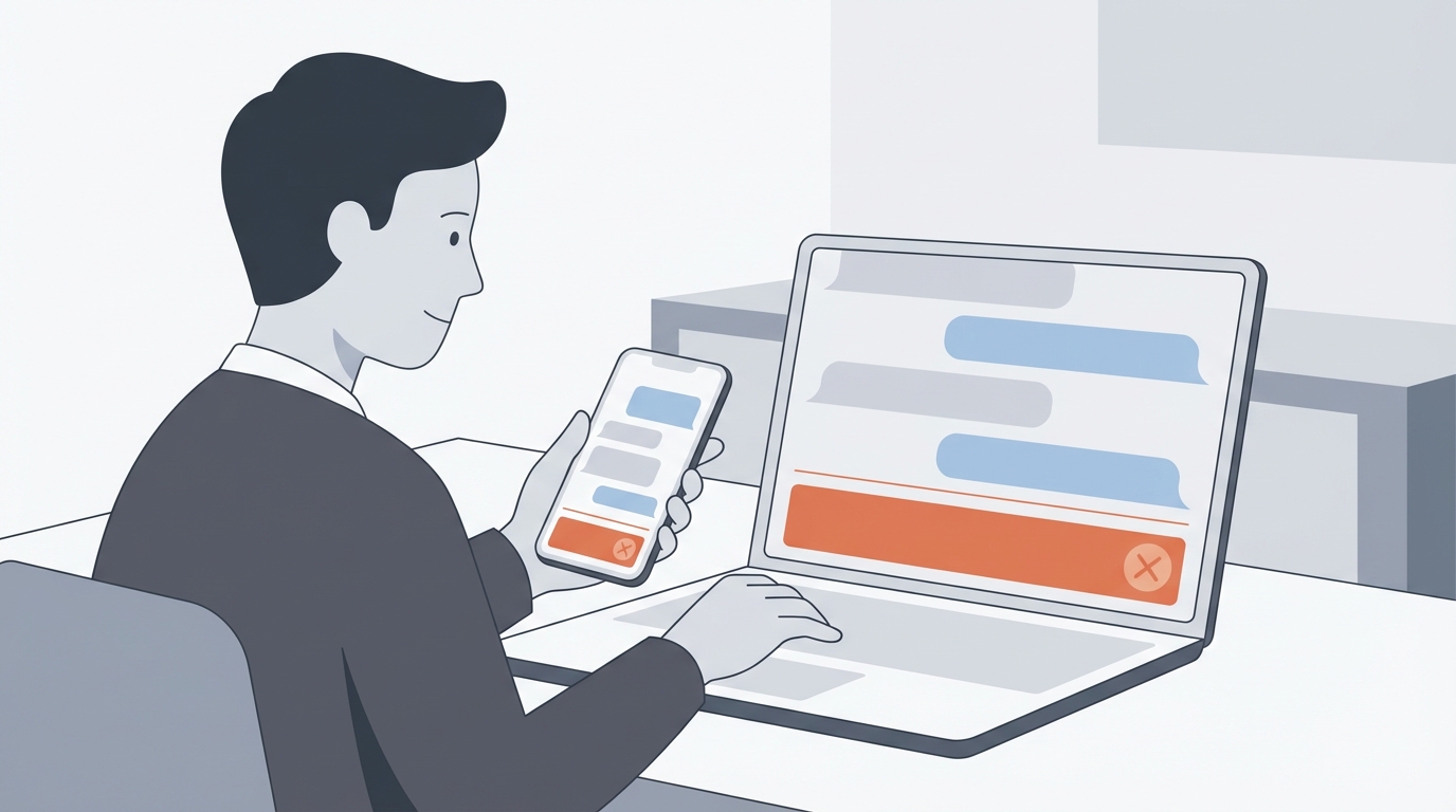 Illustration of a chat interface on a device showing stacked message bubbles with a distinct shaded ad panel at the bottom separated by a gap and a rounded dismissal icon, no text included.