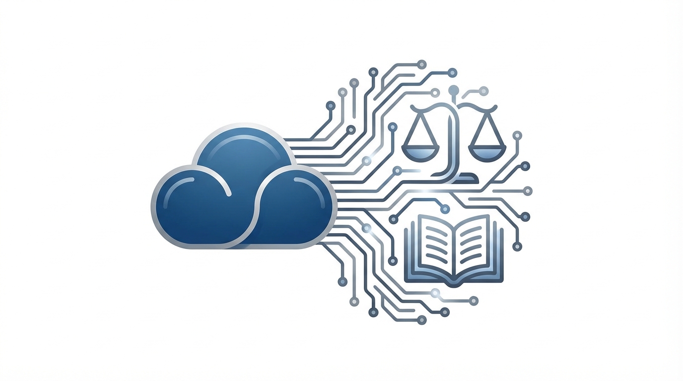 A minimalist vector image showing a cloud icon merging into a neural network circuit with integrated symbols of scales of justice and a law book, in deep blue and slate gray tones.
