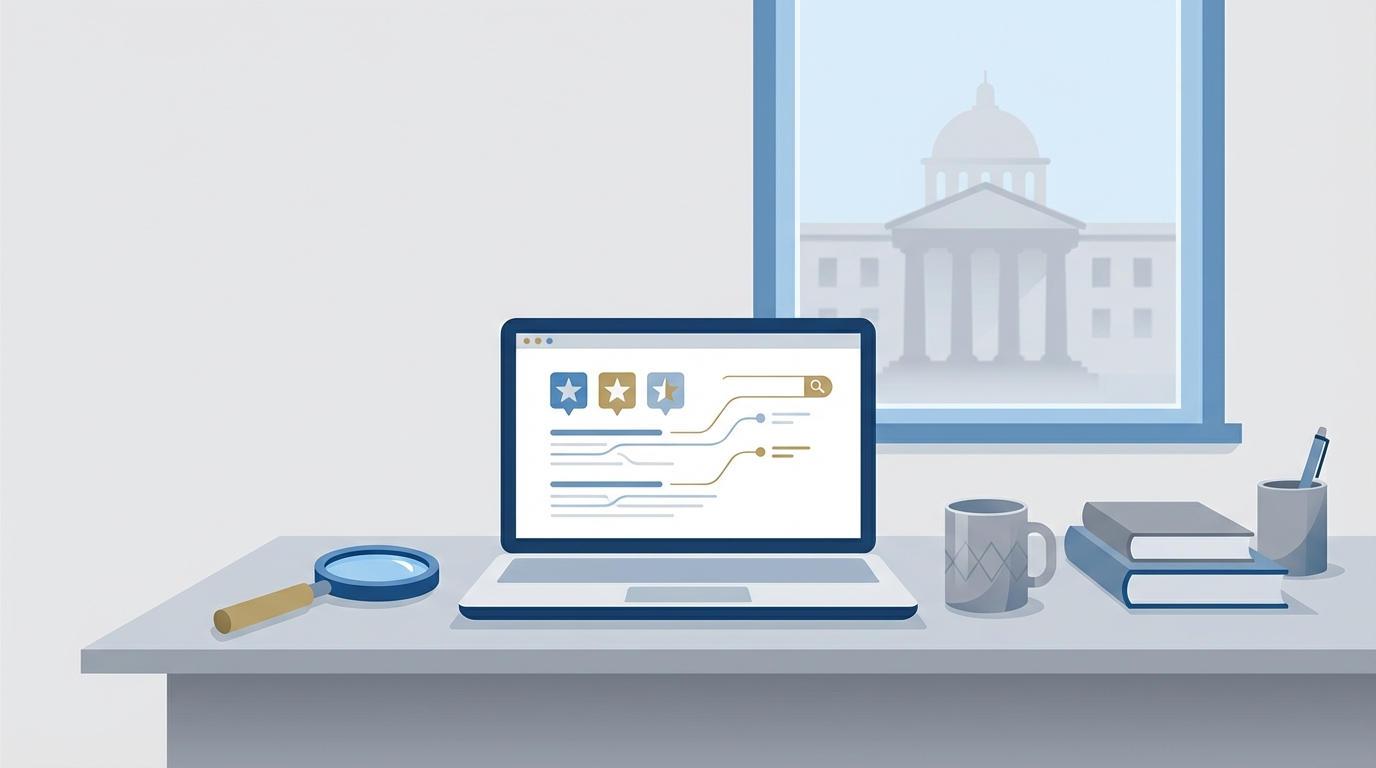 Law office desk with a laptop showing abstract search results and star ratings, a magnifying glass on the desk indicating monitoring, and a courthouse silhouette visible through the window in the background