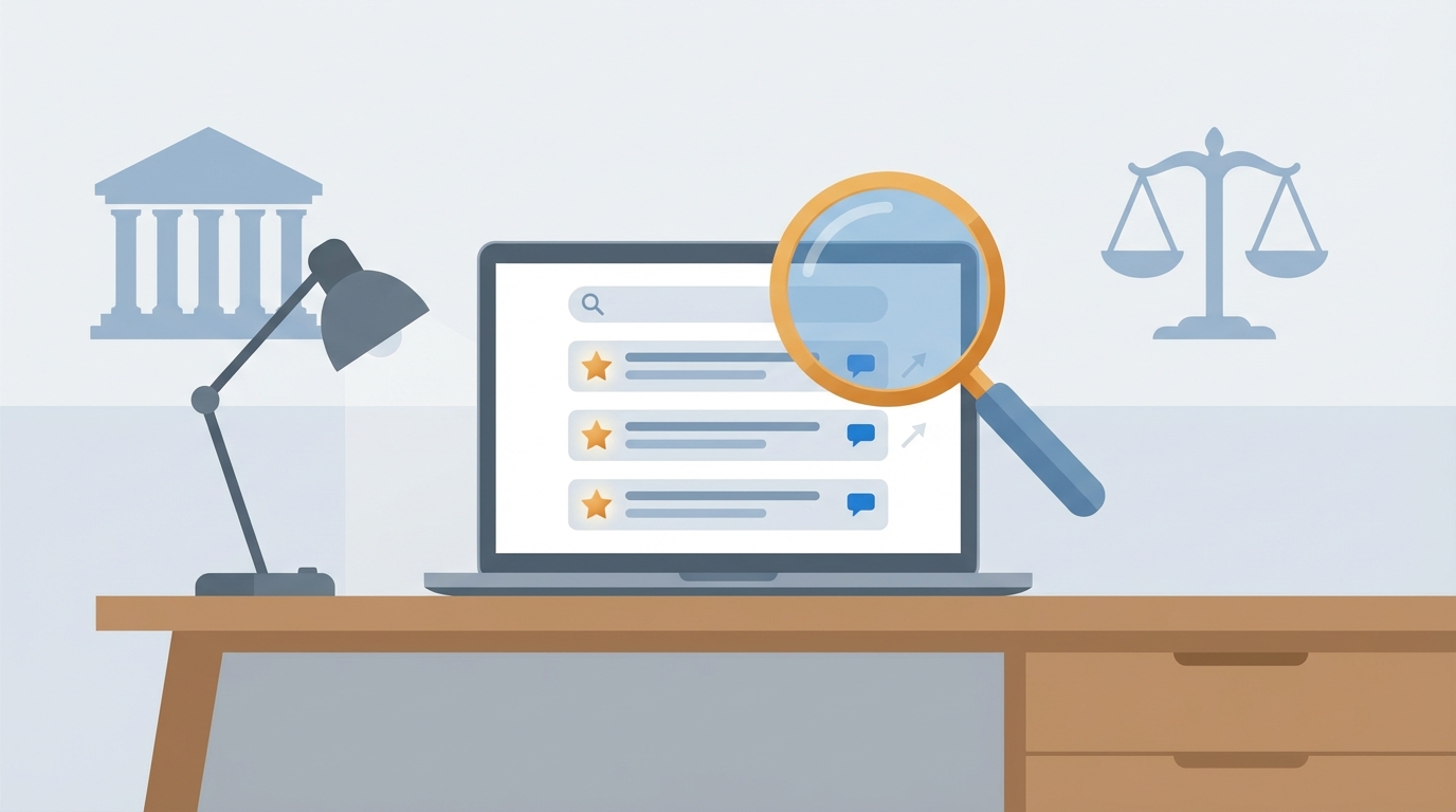 Illustration of a law office desk with a laptop showing abstract search results, star ratings, a magnifying glass symbolizing monitoring, and a courthouse silhouette in the background