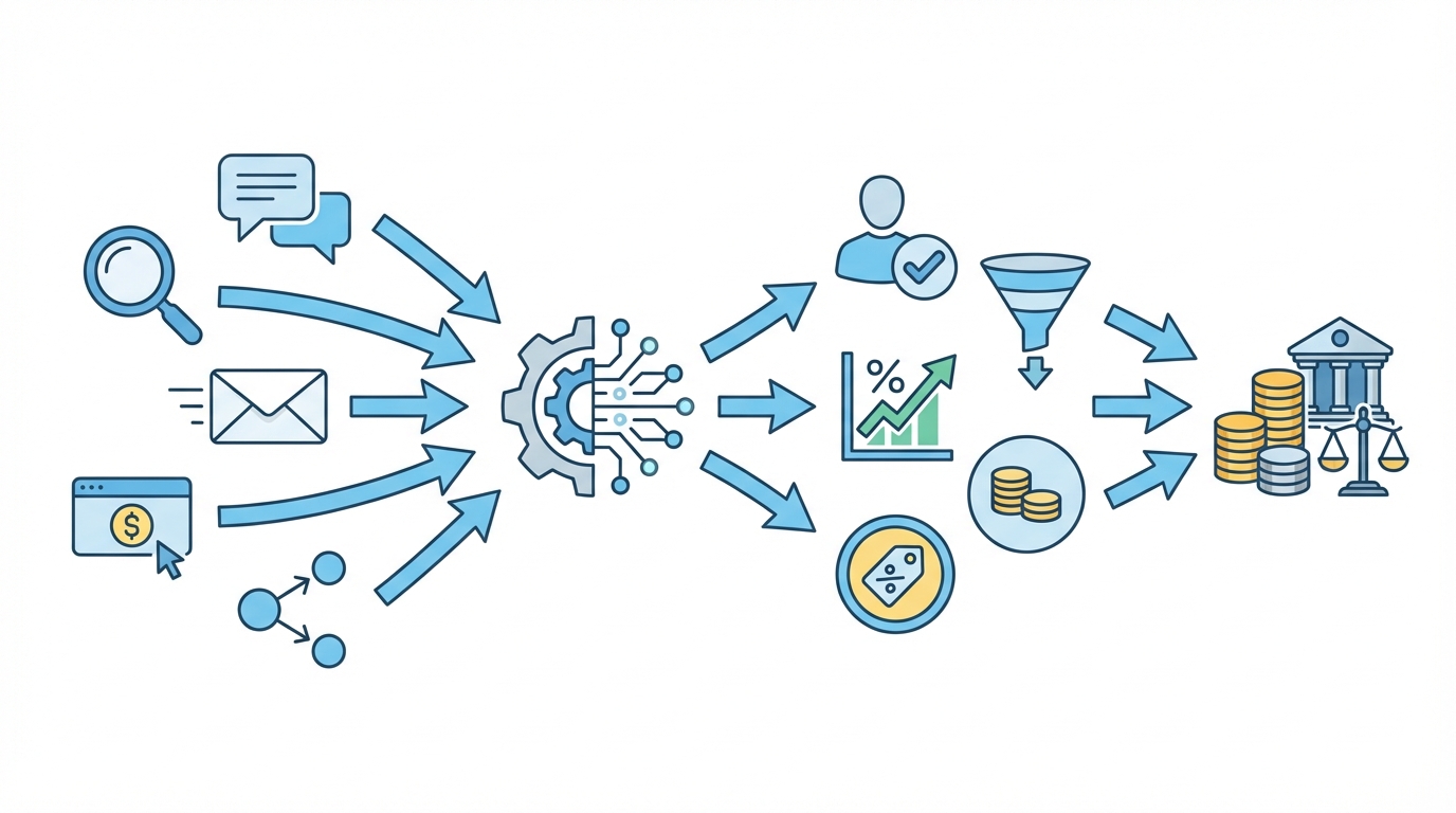 Conceptual flowchart: legal marketing to revenue