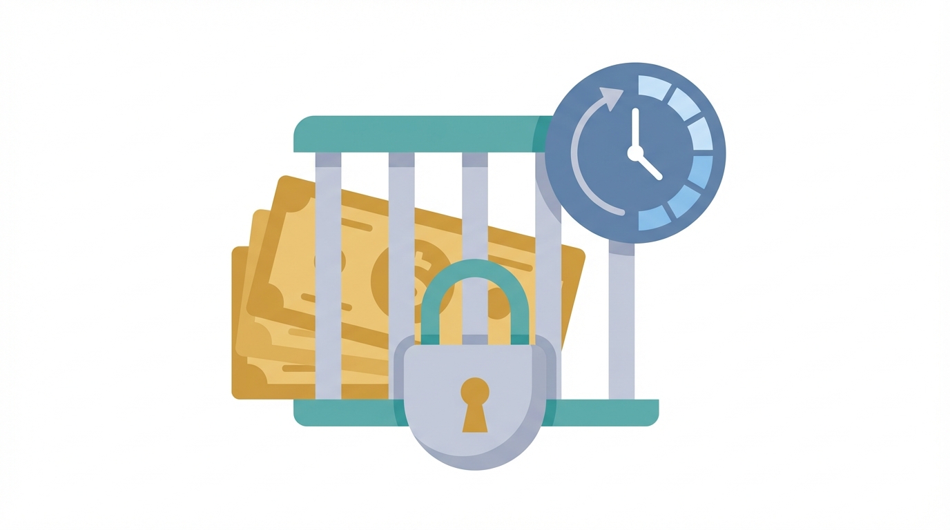 A simple vector illustration showing a stack of bills held behind a stylized padlock and vertical bars, with a clock hovering nearby to indicate delay. Clean color palette with muted blue, teal, soft gray, and warm gold accents.