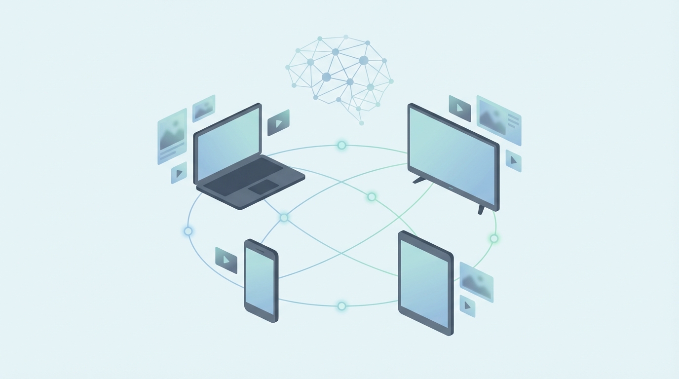 Illustration of interconnected devices representing omni-channel paid media marketing