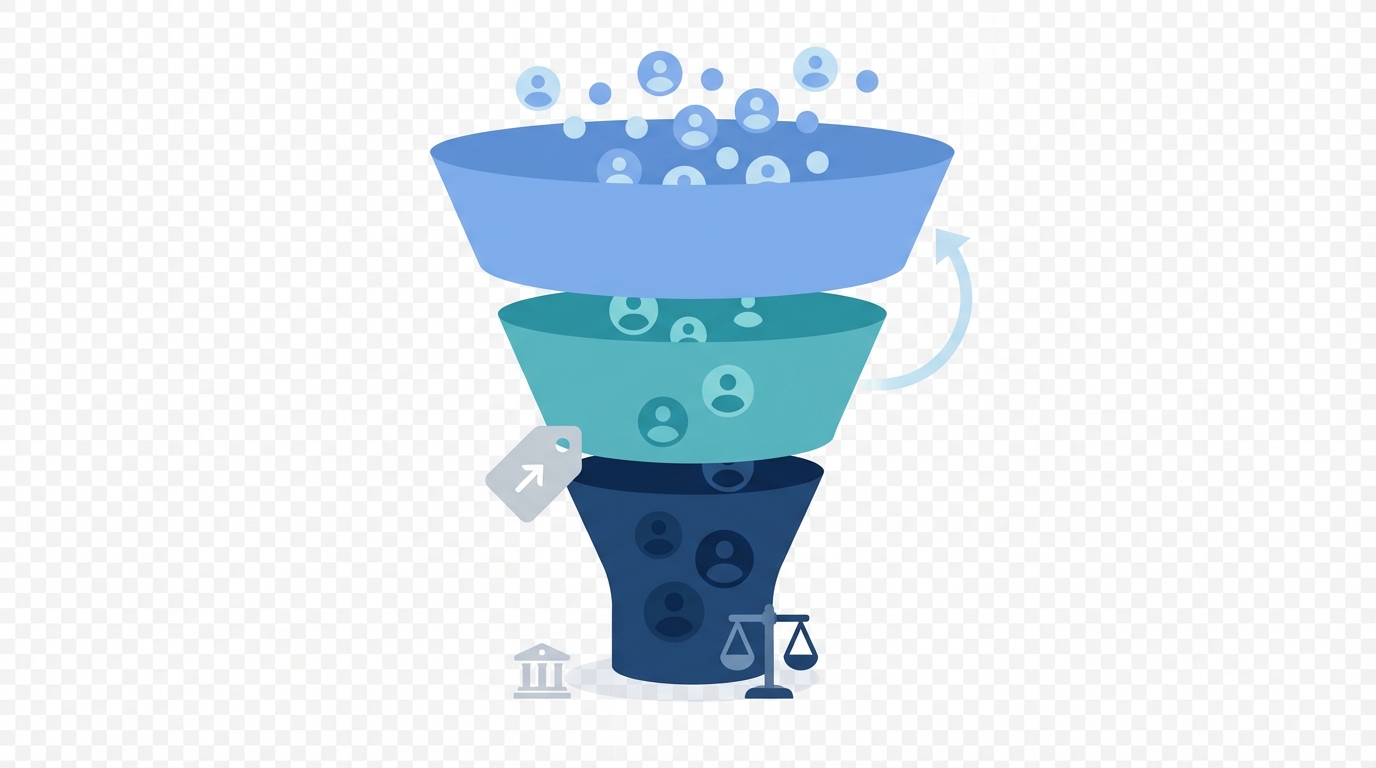Simple vector illustration of a remarketing funnel with three stacked stages represented by colored funnel segments and flowing user icons