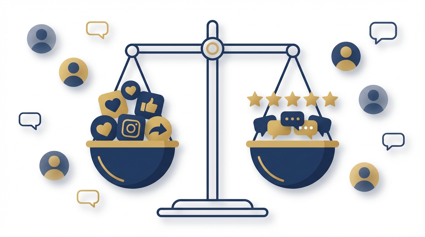 Scales of justice balancing social media icons and star reviews