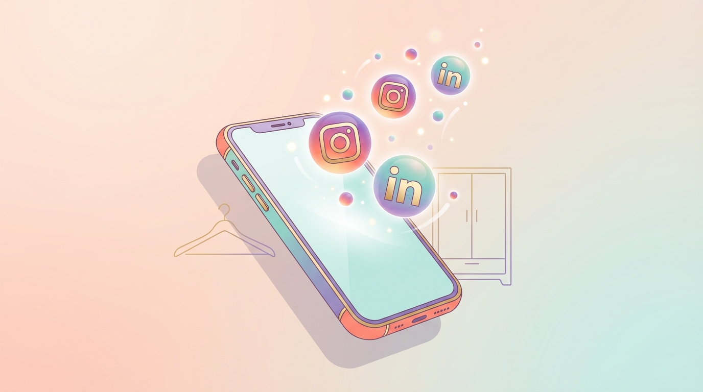 Stylized smartphone with Instagram and LinkedIn icons emerging from the screen