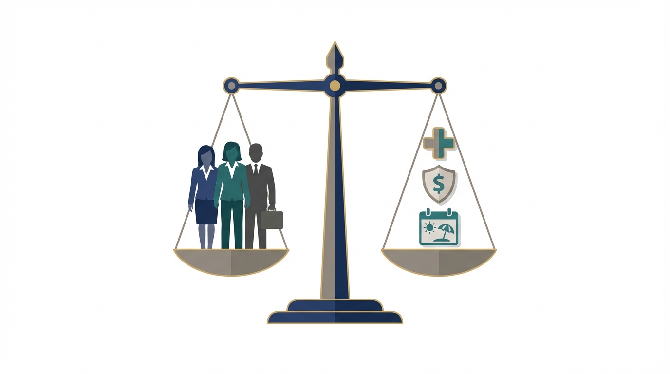 Balanced scales with diverse attorney silhouettes and benefits icons