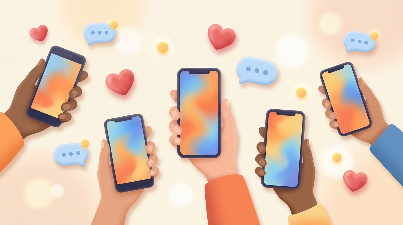 Hands holding phones showing TikTok-style videos with floating hearts and chat bubbles