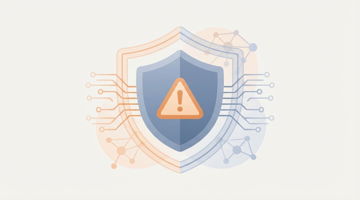 Shield with a warning triangle overlay and subtle firewall/network elements, symbolizing threat detection and website security monitoring.