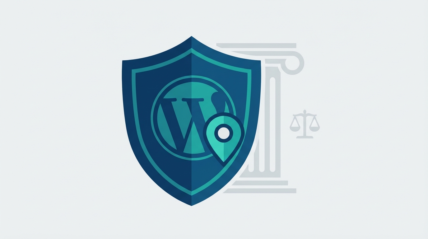 Shield with WordPress logo and map pin symbol representing plugin security for local business sites like law firms