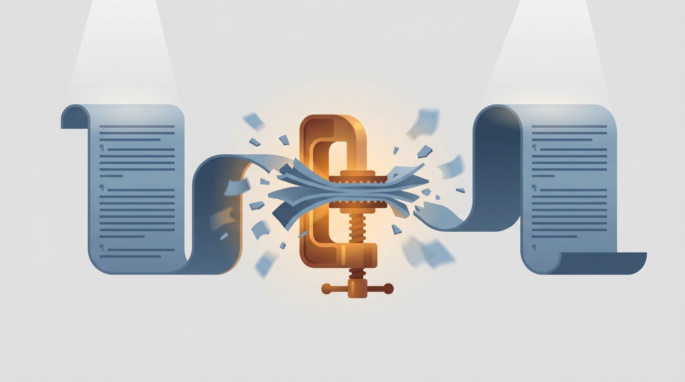 Illustration of a long paper scroll being compressed by a central mechanical clamp; the scrolls ends are intact while the middle fragments into faded shards to show information loss during compression.