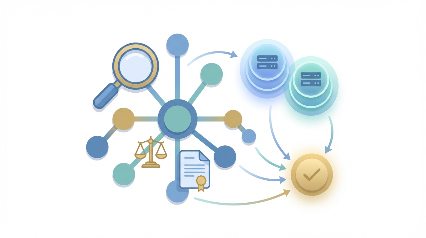 Illustration of interconnected network nodes with a magnifying glass, stylized scales of justice, a legal document icon, and layered nodes representing LLMs to visualize the AI-driven search and answer engine ecosystem for legal marketing.