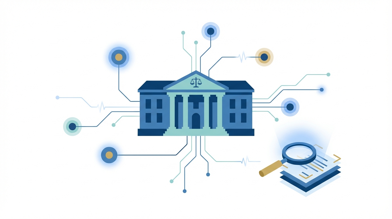 AI illustration showing a small law office building with glowing digital connections and an AI magnifying glass over legal documents, representing Gemini 3 Deep Think integration boosting SEO and online presence.