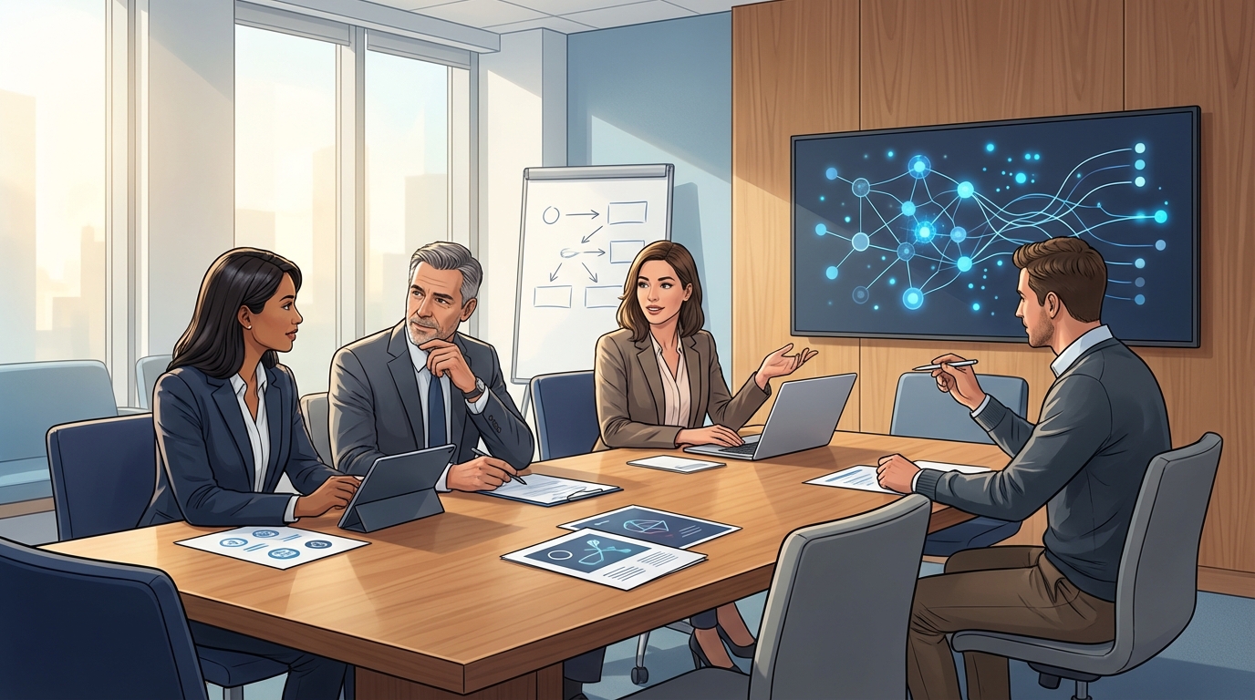 Collaborative training session in a modern law firm showing lawyers and marketing professionals engaged around a table with a screen displaying abstract AI visuals and network nodes to represent learning, teamwork, and technology adoption in a professional setting.