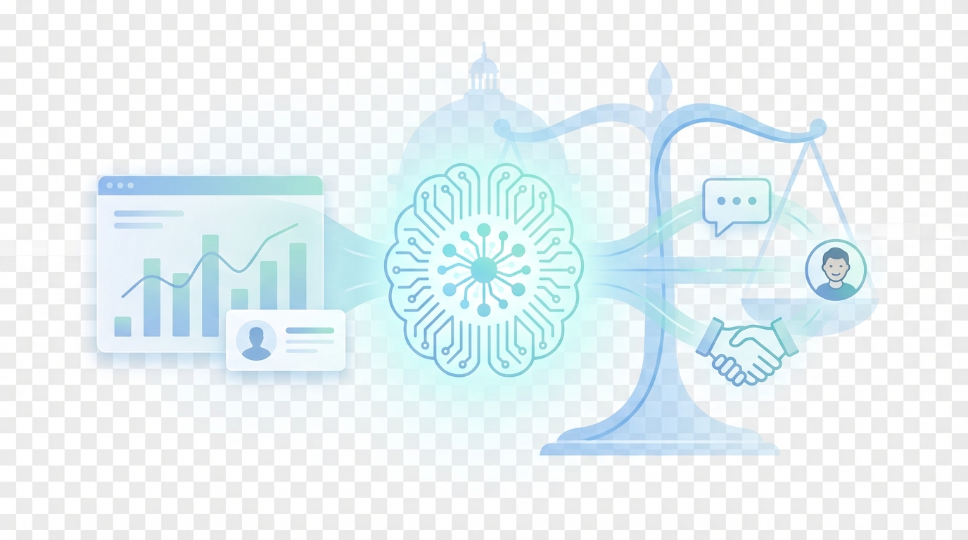 A clean, minimal illustration showing a circuit-style AI brain connected to a simple CRM dashboard, chat bubble, user avatar, and a subtle scales of justice icon; blue teal palette, transparent background.