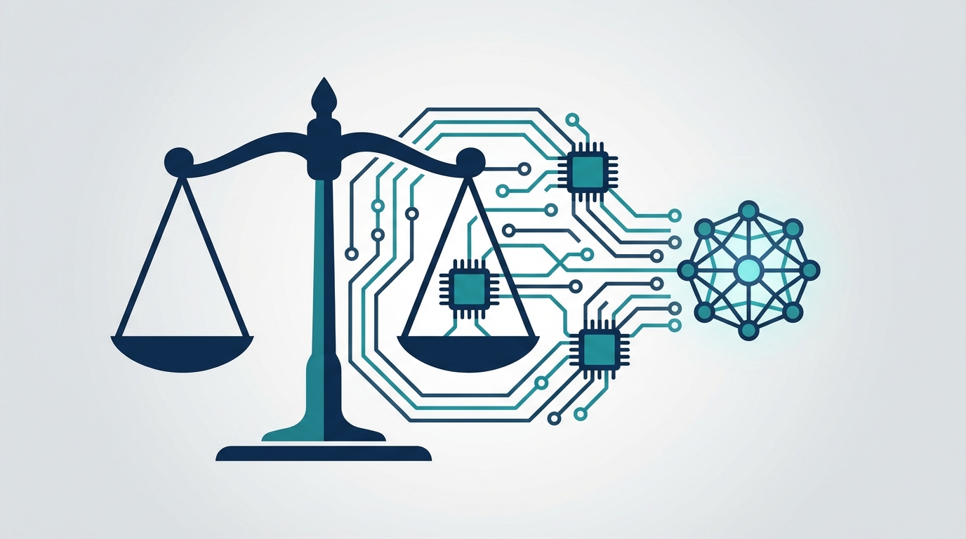 Abstract legal scales intertwined with digital circuits and an AI node