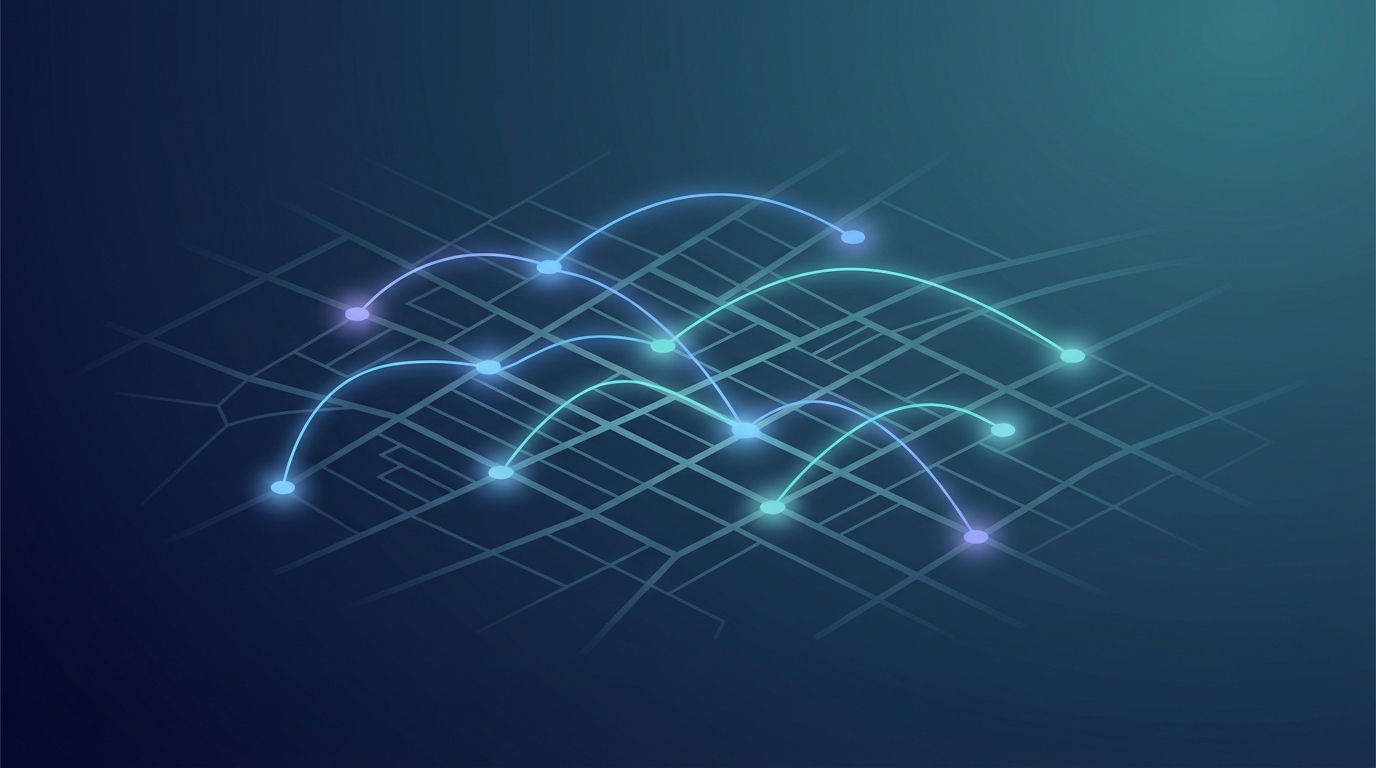 Map illustration of AI connecting multiple office locations with glowing nodes and luminous connection lines