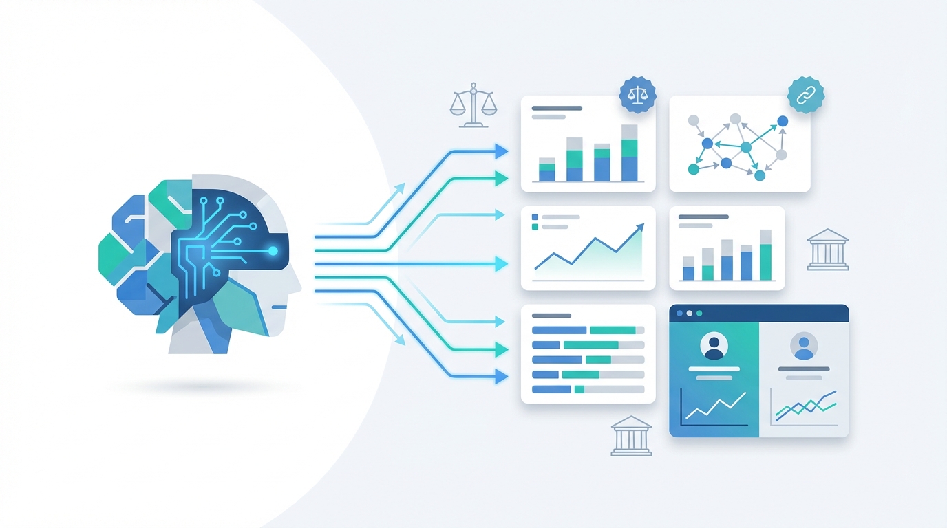 Conceptual illustration of an AI brain connected to SEO datasets, backlink nodes, and competitor insight panels with subtle legal icons