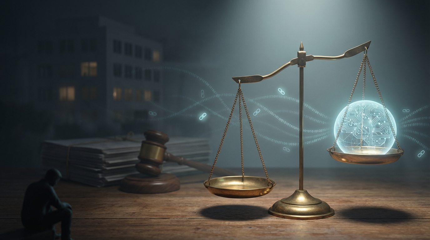 A tilted scale of justice on a wooden desk with the right pan holding a glowing circuit orb that symbolizes AI influence. A small worried consumer silhouette looks toward the scales. Legal documents and a gavel lie in shadow while abstract building shapes and faint strands of glowing binary code suggest prompt injection and regulatory risk.