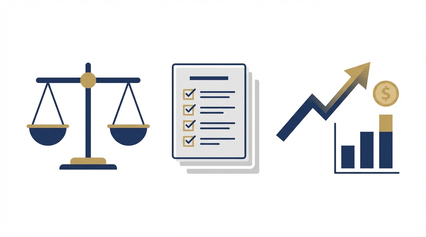 Clean vector illustration showing a scales of justice icon, a stack of documents, and an upward arrow with a small coin to represent Content Marketing ROI for law firms. The image uses navy blue, muted gold, and soft gray on a white background and contains no text.