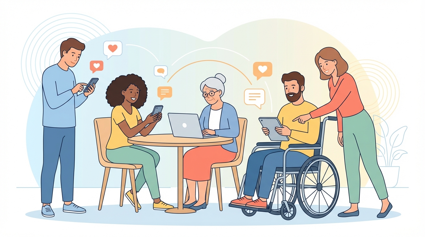 Diverse people engaging with social media on multiple devices