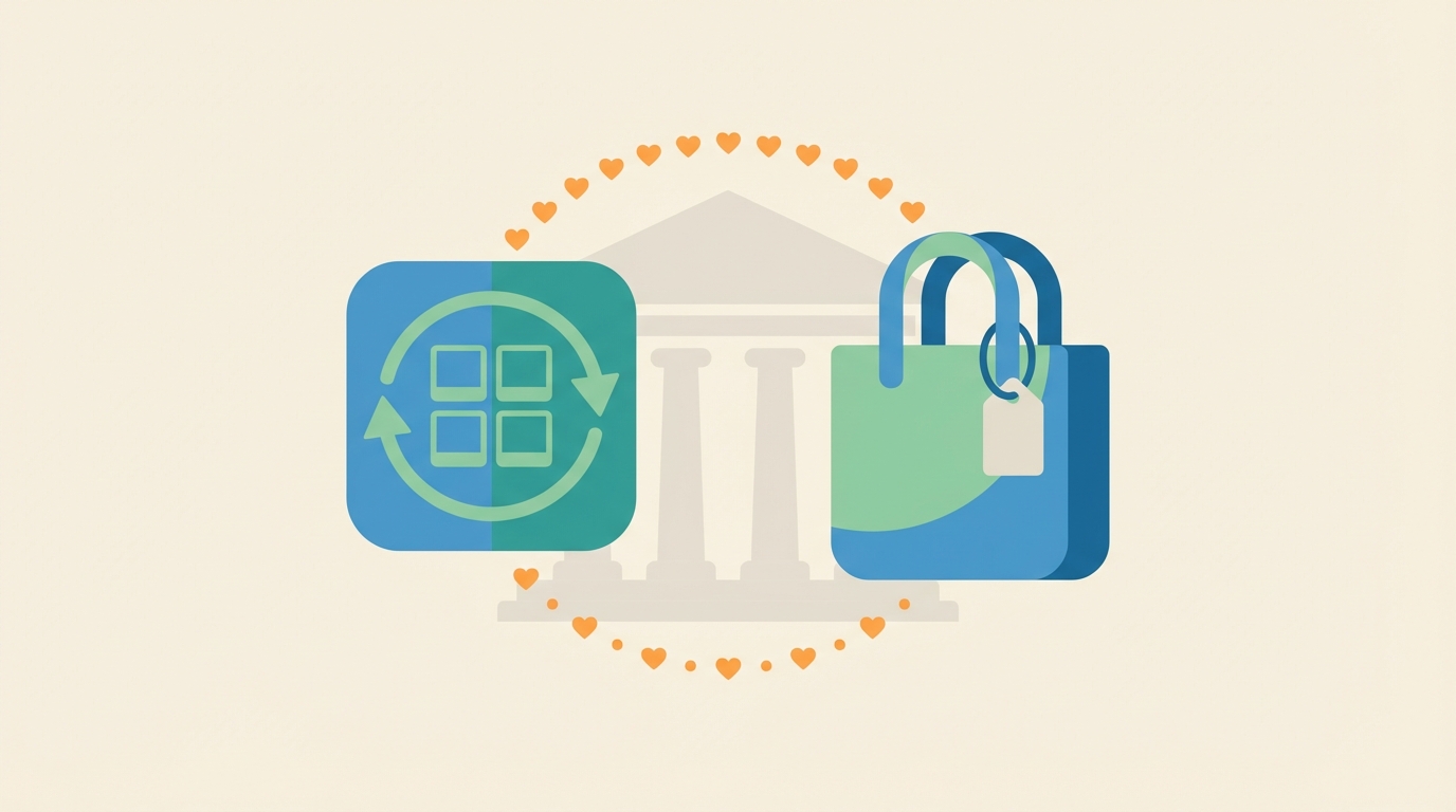 Simple flat vector illustration showing a looping GIF animation icon intertwined with a reusable bag icon and a subtle courthouse silhouette in the background. The icons are connected by a dotted line of small heart symbols to represent community engagement.