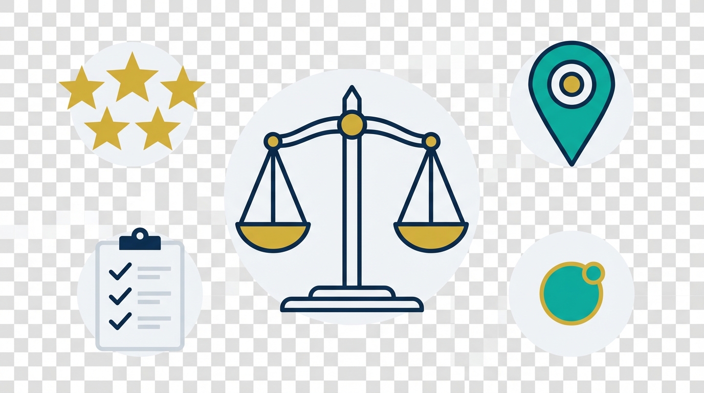 Central scales of justice icon surrounded by gold star ratings, a teal location pin, a light gray checklist clipboard with navy checks, and a small teal notification dot with a gold accent. Color palette: navy blue, gold, teal, light gray. No text included.