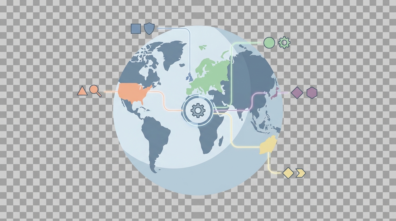 Illustration of a stylized globe with highlighted regions linked to a central hub by nodes and lines, showing coordination between regional agencies for international PPC consistency.