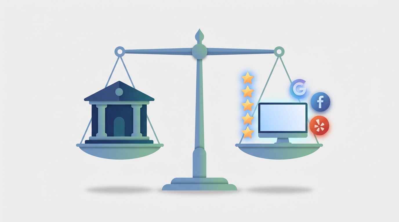 Balanced scale showing a law firm and online reputation signals