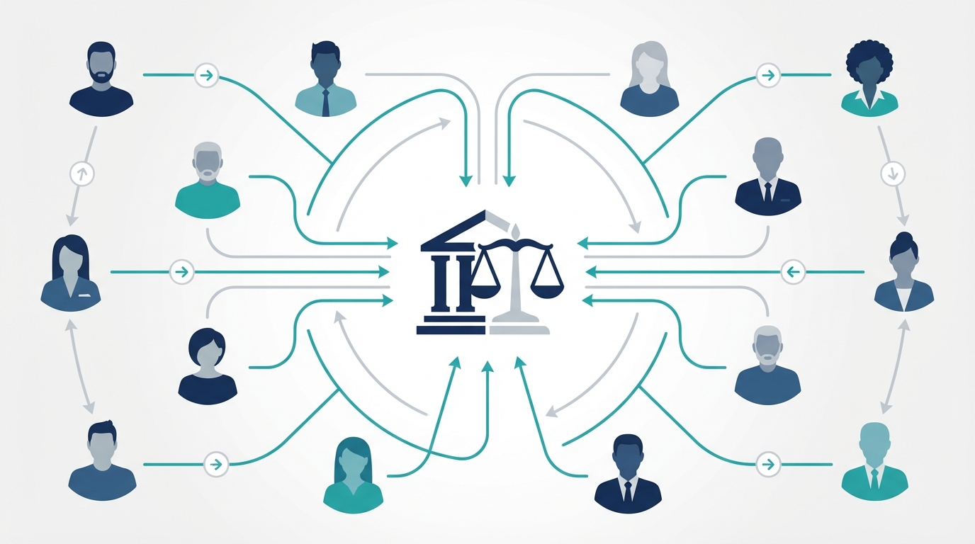 Simple vector illustration showing a central law office icon connected to diverse person avatars by lines and small arrows indicating referral flow. The image uses navy blue, teal, light gray, and white, with a clean modern flat style. The composition is minimal and scales well for headers.