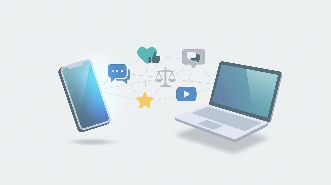 Illustration of a smartphone and laptop with floating social icons including speech bubbles, heart, star, comment, video play icon and a subtle scales of justice node to symbolize legal social engagement.
