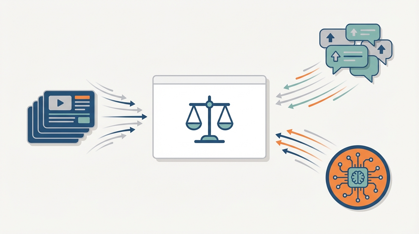 Clean illustration of a law firm website at the center receiving traffic from three sources: a stack of news cards representing Top Stories, a cluster of speech bubbles with upvote arrows representing community channels, and a circular badge with a circuit motif representing AI content labeling. No text in image, simple icons, professional color palette.