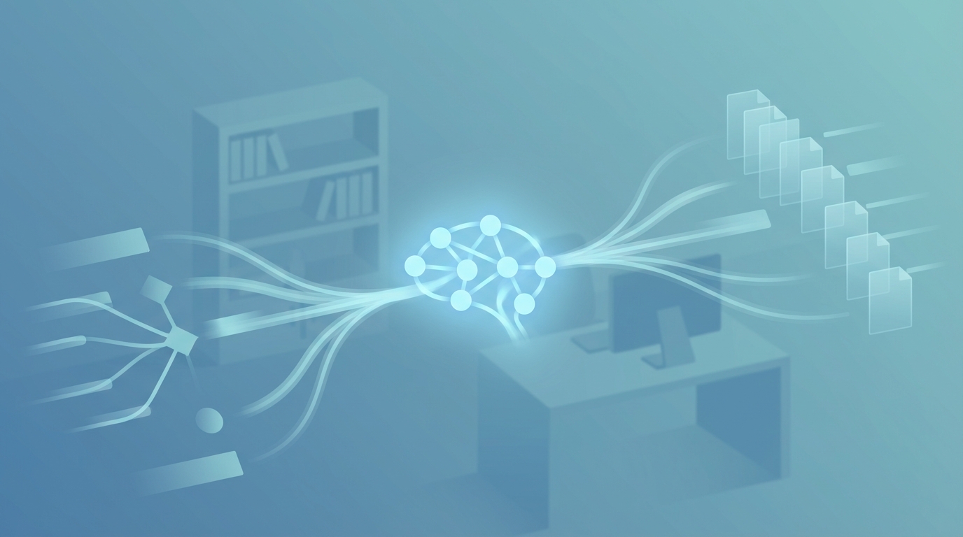 Abstract visual of AI-enabled e-discovery in a law firm, showing flowing data lines, document stacks, and a central AI node in cool blue and teal tones to evoke speed and innovation.