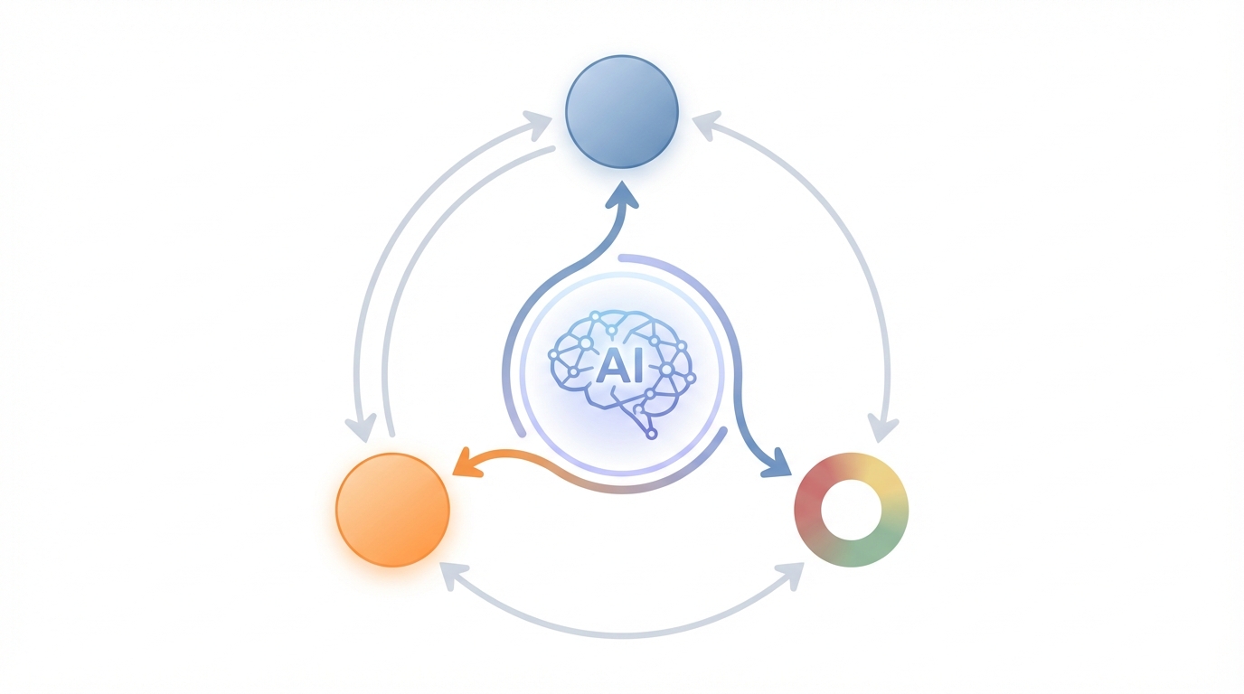 Minimalistic vector illustration showing a central AI node connected with directional arrows to three distinct platform nodes representing professional, community, and search ecosystems. The composition uses simple circles, clean curved lines, and a white background to depict workflow and feedback loops without text overlays.