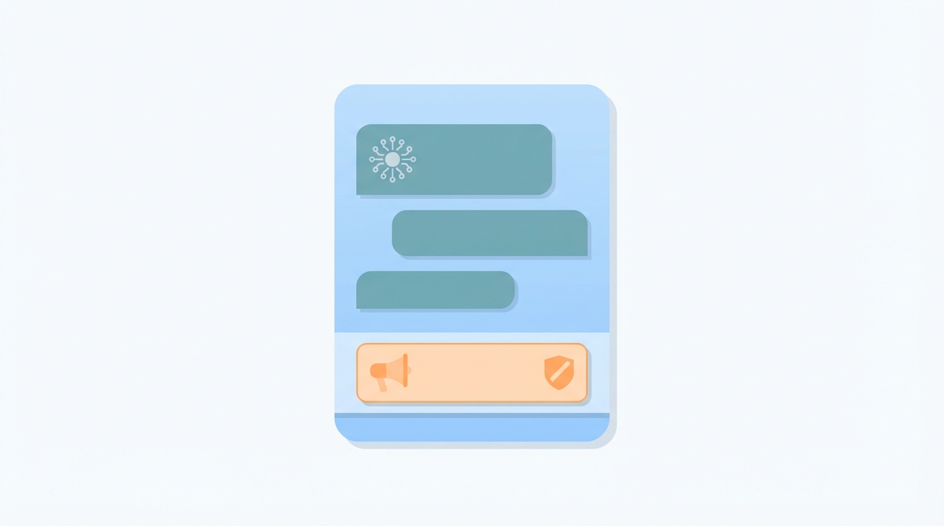 Abstract illustration showing a chat interface with stacked conversation bubbles and a distinct ad slot at the bottom. The ad slot contains a simple megaphone icon and a badge symbol to suggest a sponsored placement. Color palette uses soft blues, muted teal, light gray, and a warm orange accent. No text or logos.