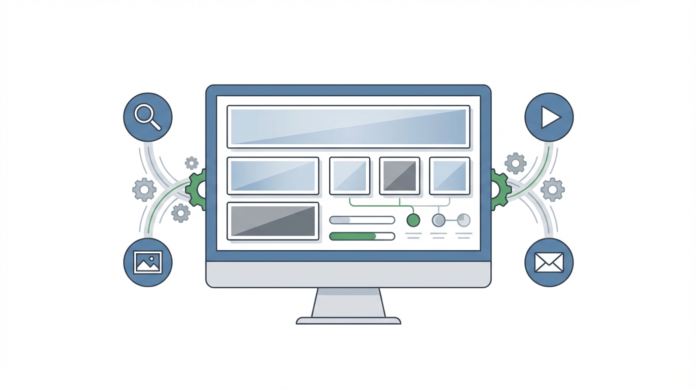 Illustration of a laptop screen showing multiple ad placements with surrounding icons for search, video, display, and email plus subtle gear icons indicating automation