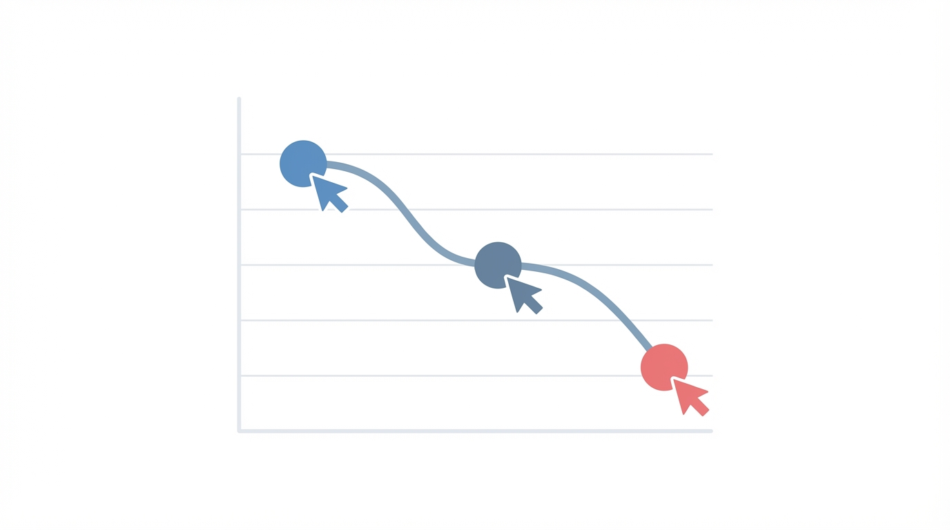 Simple flat illustration of a downward trend line with circular data points and a small cursor icon near each point to represent falling clicks and impressions. The lowest point is highlighted with a soft red accent to show decline.