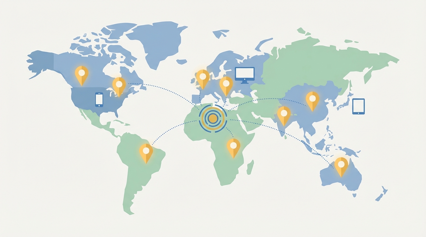 Illustration of a flat world map with glowing location pins connected to a central hub by dotted lines, plus small device icons representing ads across devices