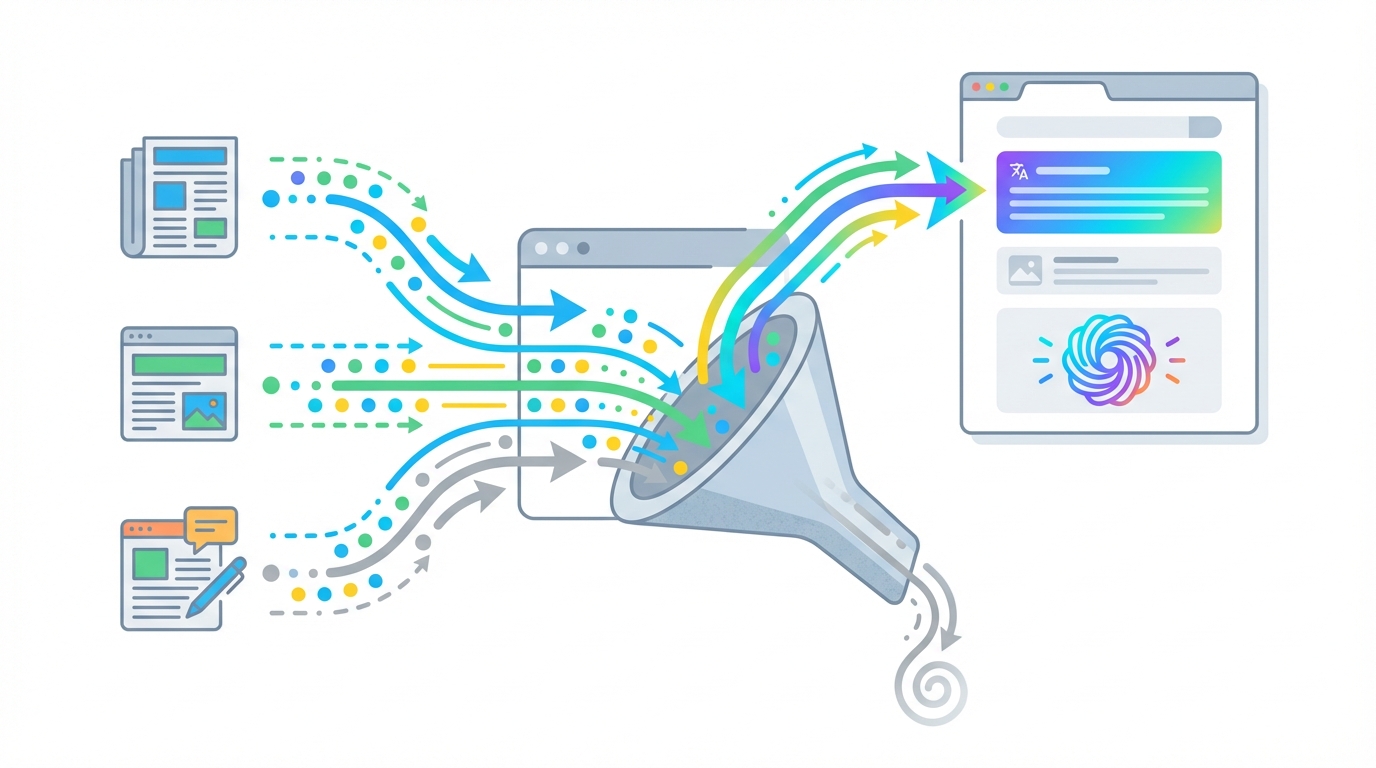 Metaphorical illustration showing publisher content and traffic flowing left to right into a central funnel that diverts most traffic into a stylized search engine results panel, illustrating how AI-driven SERP answers drain referral visits from publishers.